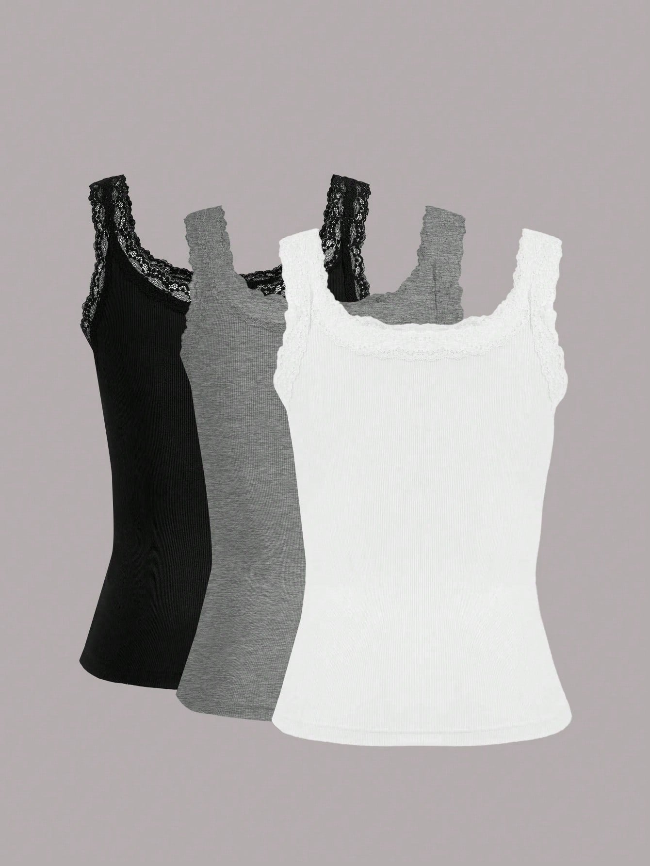 Calvaya Plus Size Women Solid Color Contrast Lace Round Neck Casual Tank Top For Summer