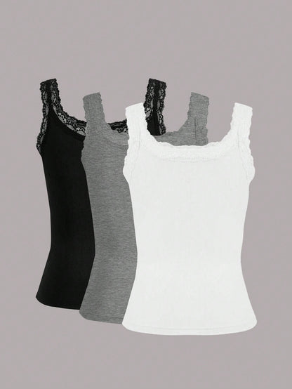 Calvaya Plus Size Women Solid Color Contrast Lace Round Neck Casual Tank Top For Summer