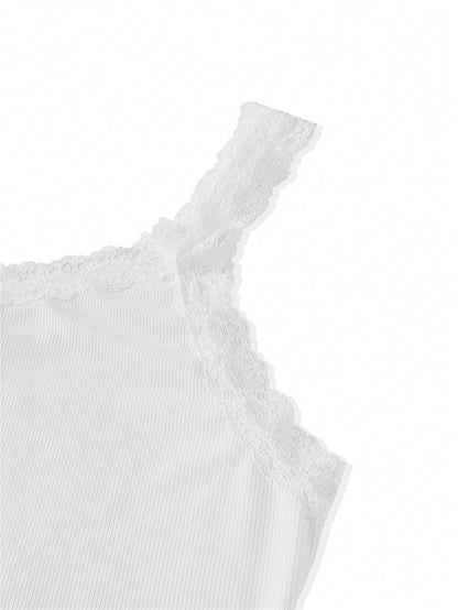 Calvaya Plus Size Women Solid Color Contrast Lace Round Neck Casual Tank Top For Summer