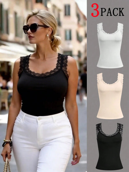Calvaya Plus Size Women Solid Color Contrast Lace Round Neck Casual Tank Top For Summer