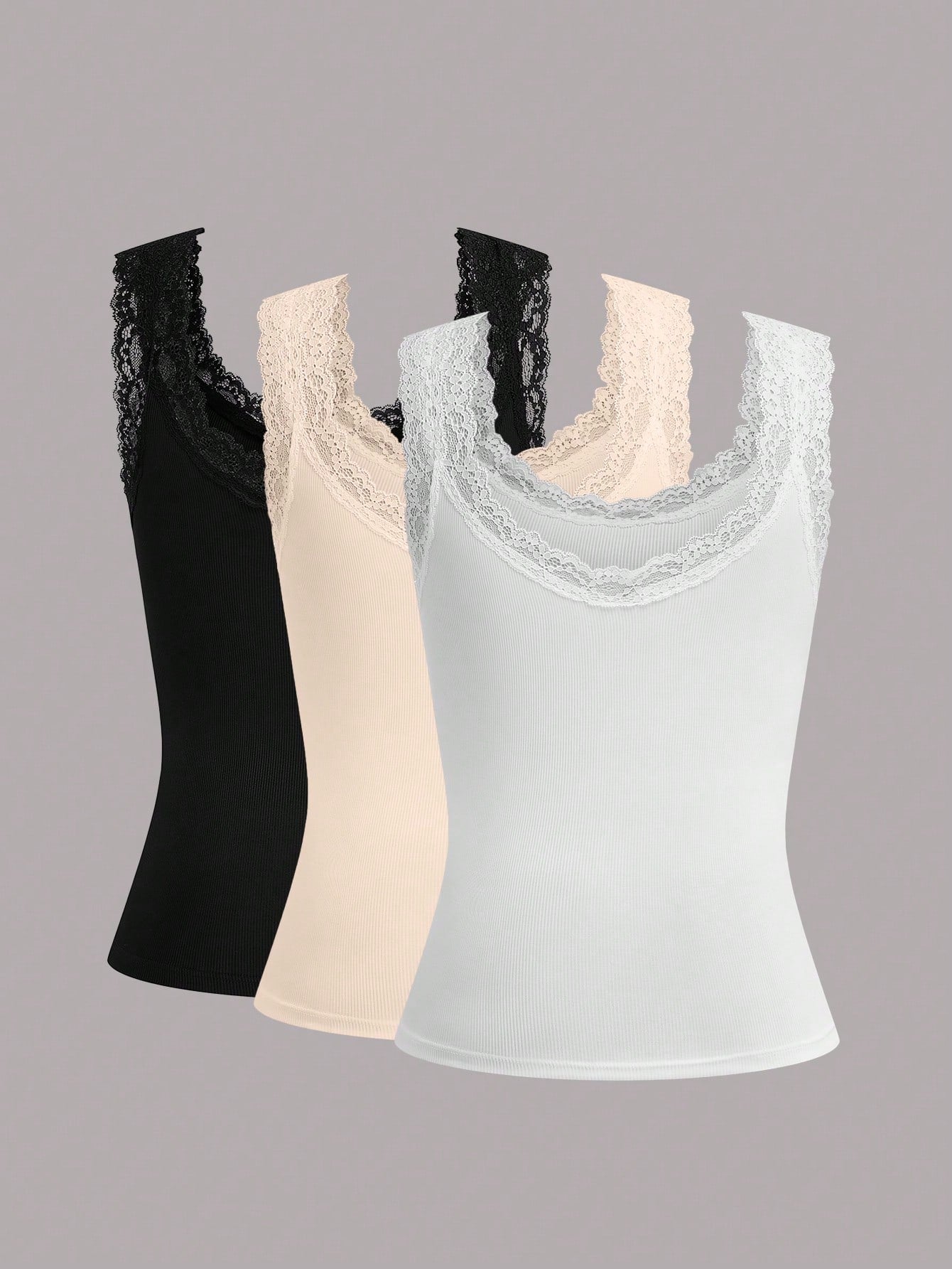 Calvaya Plus Size Women Solid Color Contrast Lace Round Neck Casual Tank Top For Summer