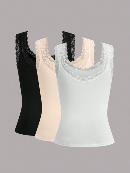 Calvaya Plus Size Women Solid Color Contrast Lace Round Neck Casual Tank Top For Summer