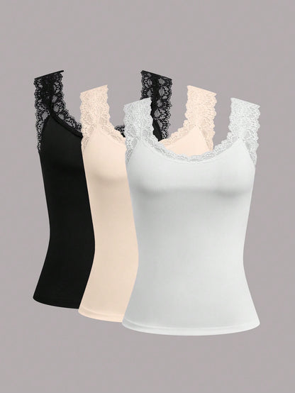 Calvaya Plus Size Women Solid Color Contrast Lace Round Neck Casual Tank Top For Summer