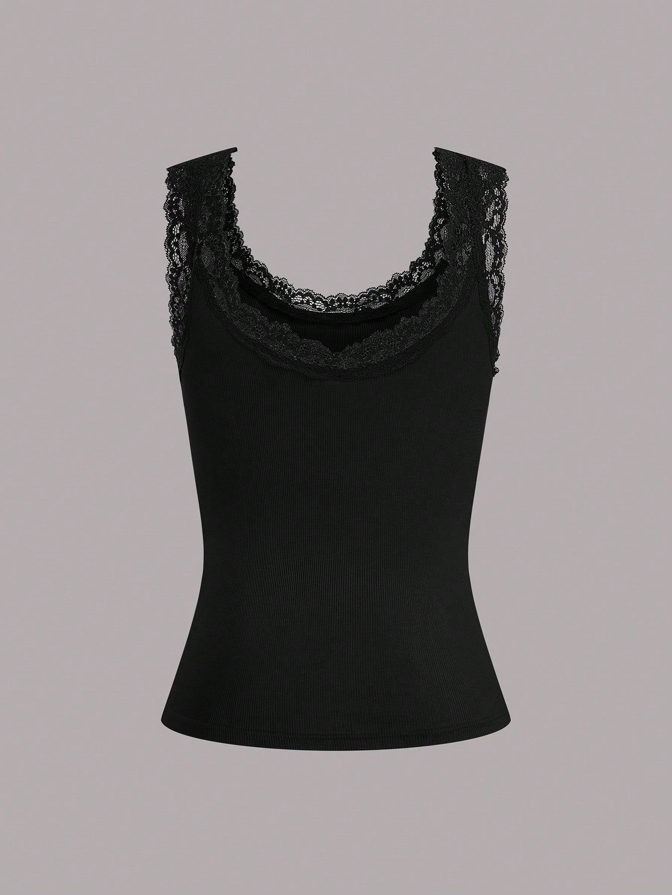 Calvaya Plus Size Women Solid Color Contrast Lace Round Neck Casual Tank Top For Summer