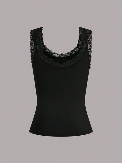Calvaya Plus Size Women Solid Color Contrast Lace Round Neck Casual Tank Top For Summer