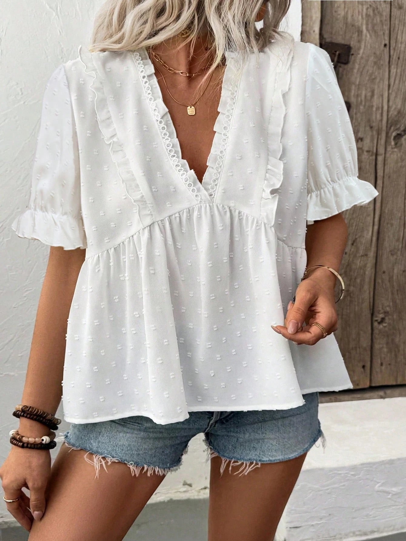 Calvaya Women's Solid Color V-Neck Puff Sleeve Blouse