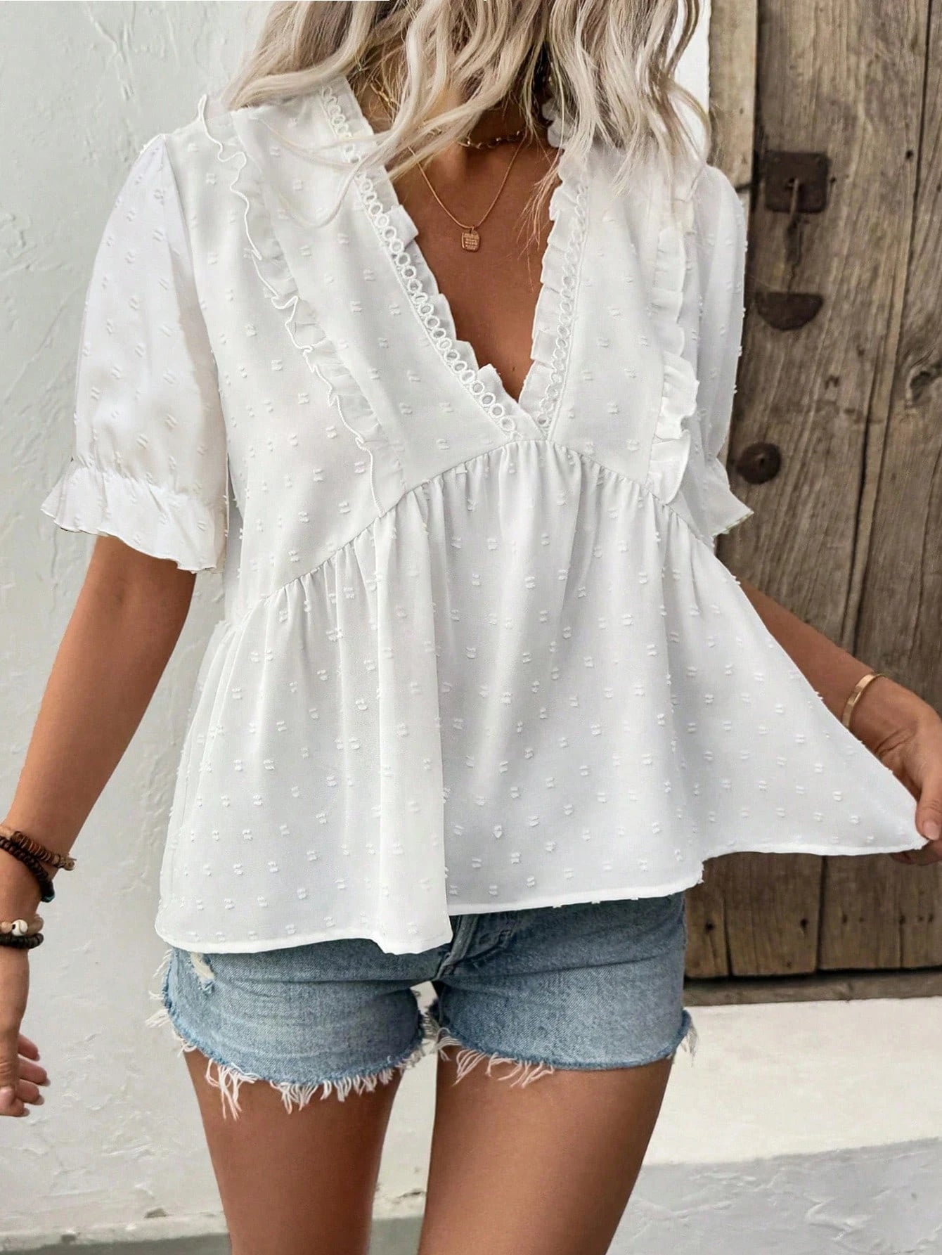 Calvaya Women's Solid Color V-Neck Puff Sleeve Blouse