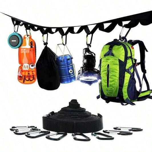Campsite Or Garden Supplies Storage Strap With 8 Hooks| Hanging Your Camping Gear From A Tree| Vertical Or Horizontal Organizer