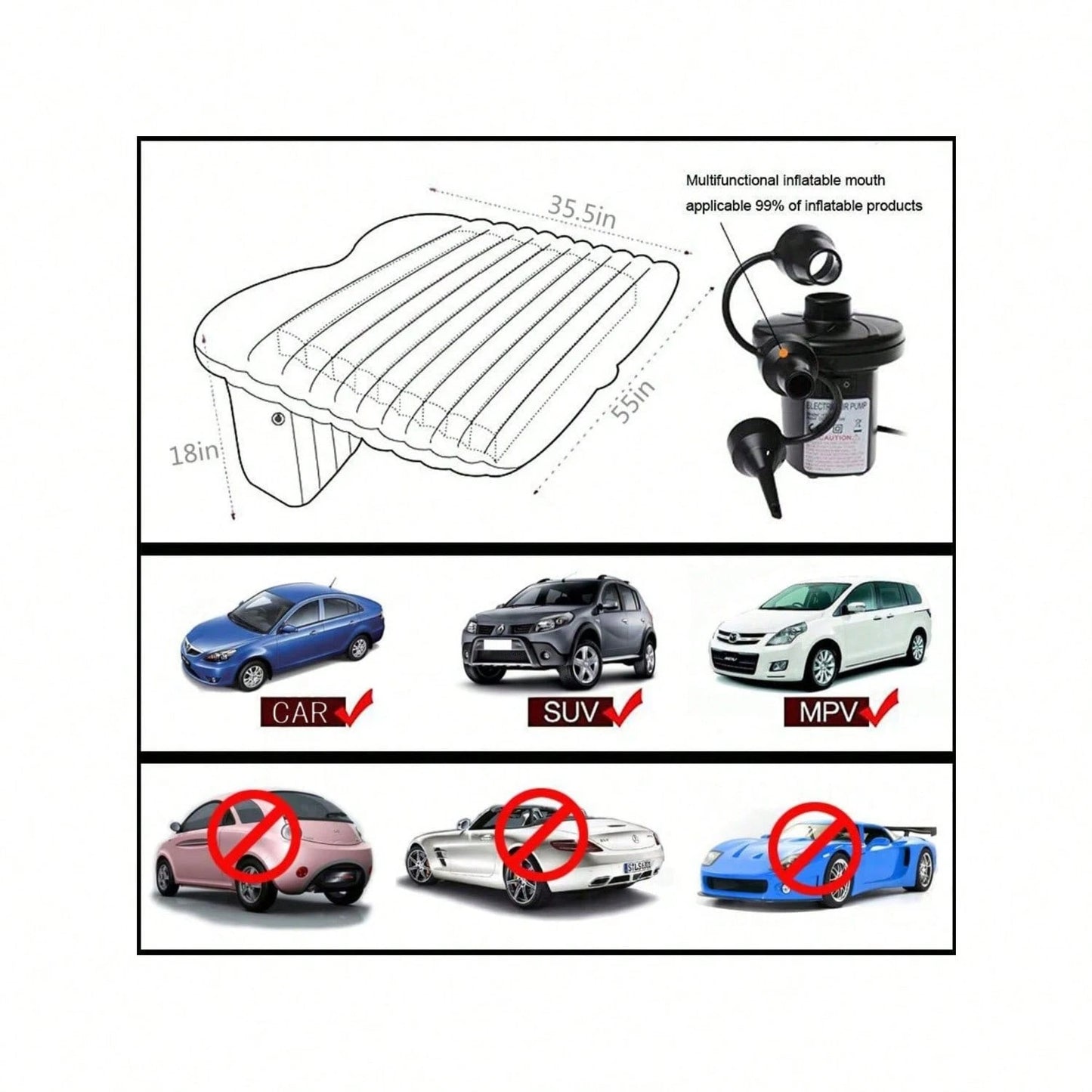 Car Bed- Camping Mattress For Car- Portable Travel Sleeping Bed Inflatable Mattress- Air Bed For Car Universal SUV Extended Air Couch With Two Air Pillows- Black