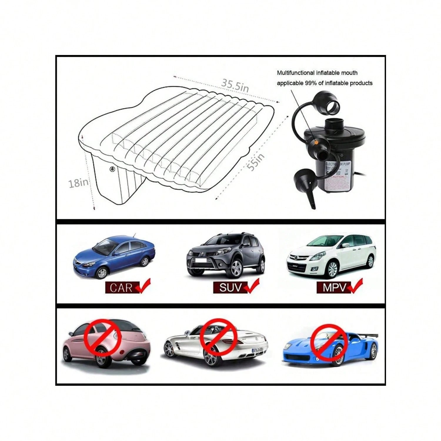 Car Bed- Camping Mattress For Car- Portable Travel Sleeping Bed Inflatable Mattress- Air Bed For Car Universal SUV Extended Air Couch With Two Air Pillows- Black