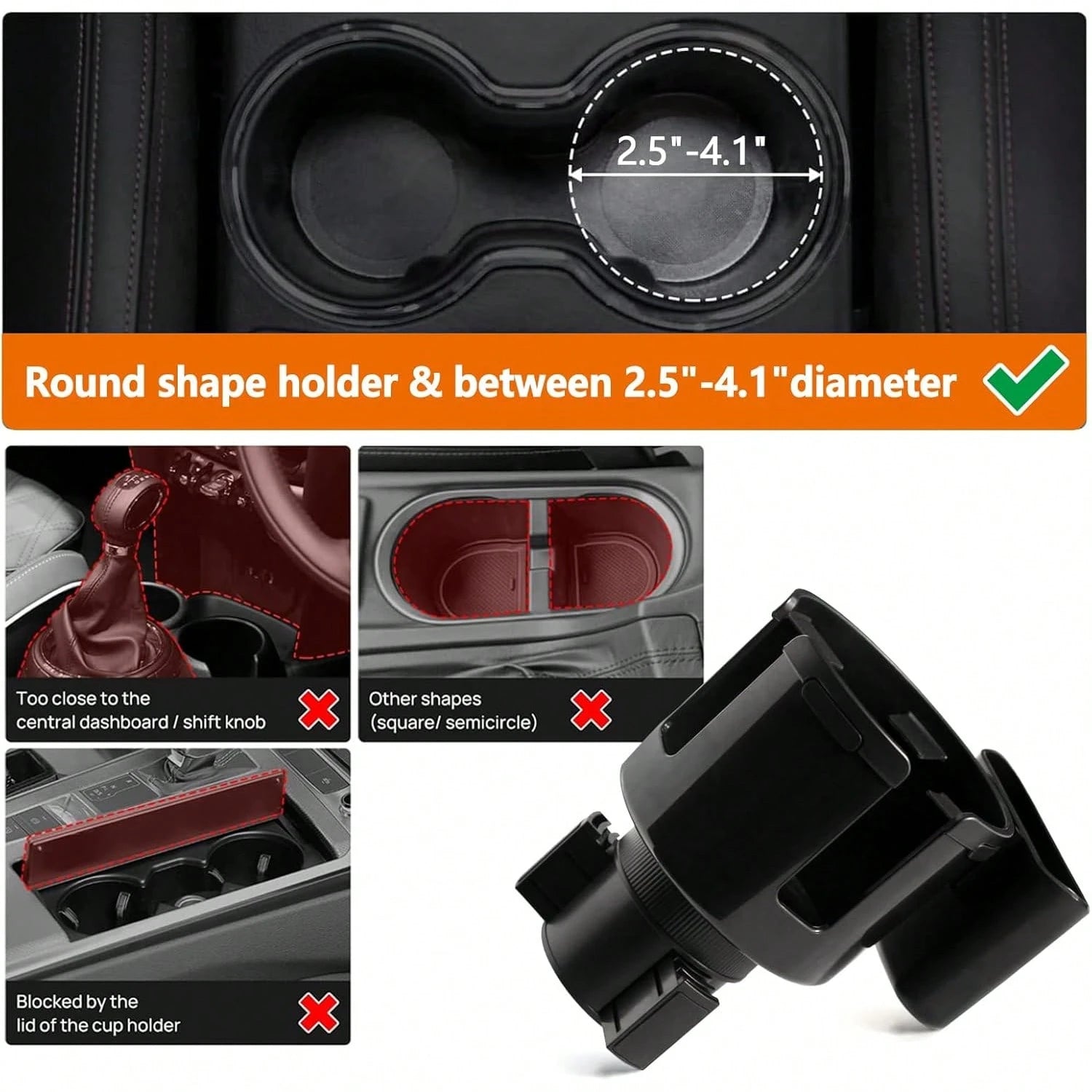 Car Cup Holder Expander, Cup Holder Extender For Car With Adjustable Base. Compatible With Large-Sized Insulated Bottles And Containers From 16 To 40 Ounces, With Diameters Between 3 To 3.9 Inches.