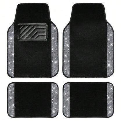 Car Floor Mats Full Set, Universal Fit Most Cars, SUV, Trucks, 4pcs Sparkle Glitter Artificial Diamond Carpet For Women Girls With Anti-Slip Pad(Note: This Product Is A Simulated Diamond Patch And Doe