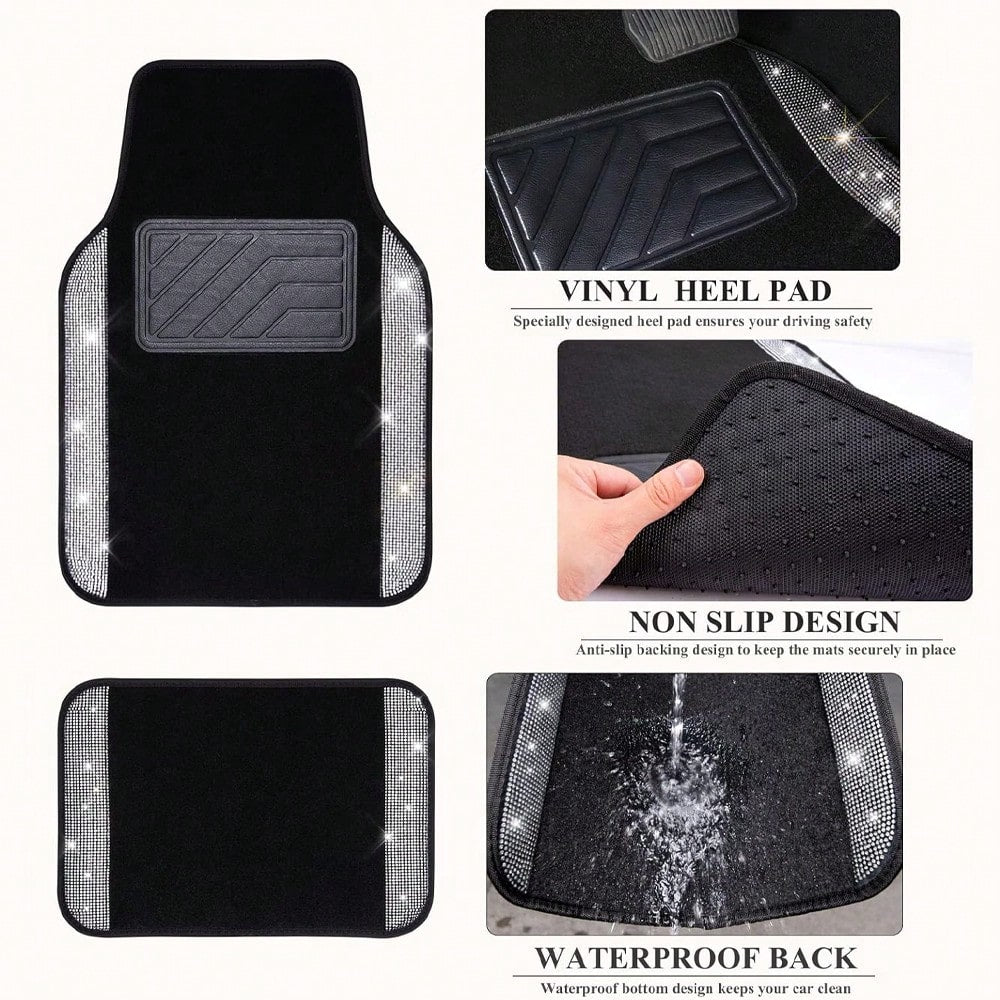 Car Floor Mats Full Set, Universal Fit Most Cars, SUV, Trucks, 4pcs Sparkle Glitter Artificial Diamond Carpet For Women Girls With Anti-Slip Pad(Note: This Product Is A Simulated Diamond Patch And Doe