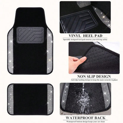 Car Floor Mats Full Set, Universal Fit Most Cars, SUV, Trucks, 4pcs Sparkle Glitter Artificial Diamond Carpet For Women Girls With Anti-Slip Pad(Note: This Product Is A Simulated Diamond Patch And Doe