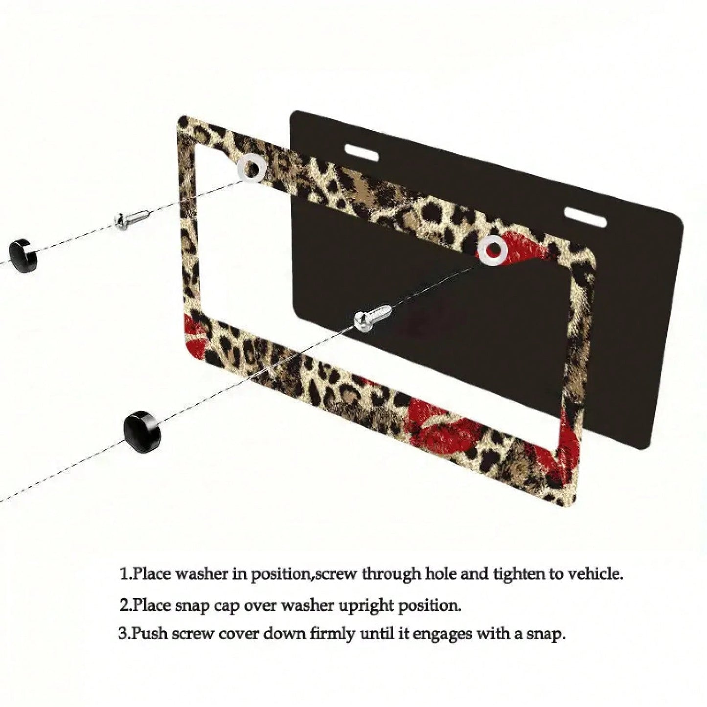 Car License Plate Frame With A Single Metal Frame, Fun Leopard Print Design, Red Lipstick Print, Halloween And Christmas Decoration, Stylish And Personalized License Plate Holder