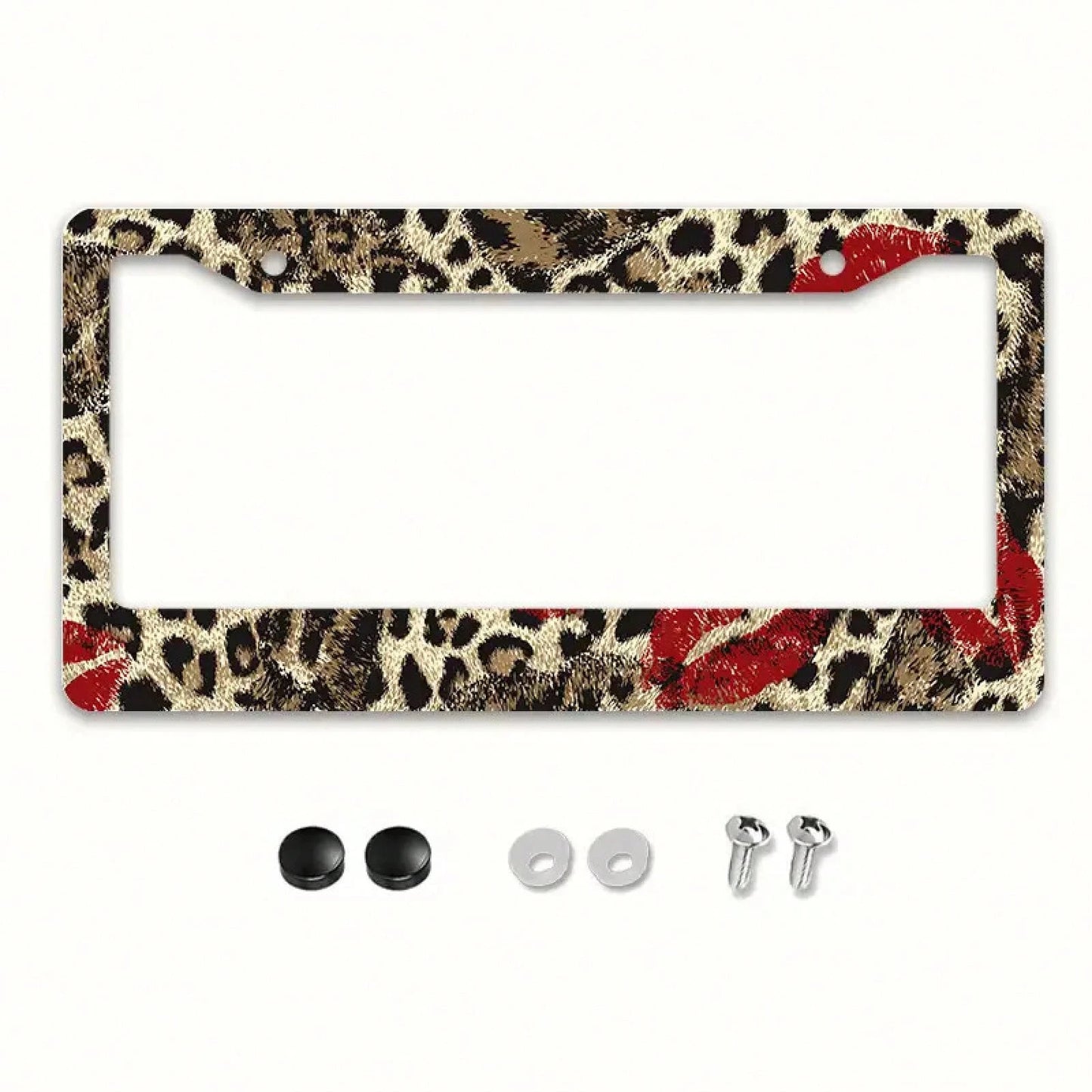 Car License Plate Frame With A Single Metal Frame, Fun Leopard Print Design, Red Lipstick Print, Halloween And Christmas Decoration, Stylish And Personalized License Plate Holder