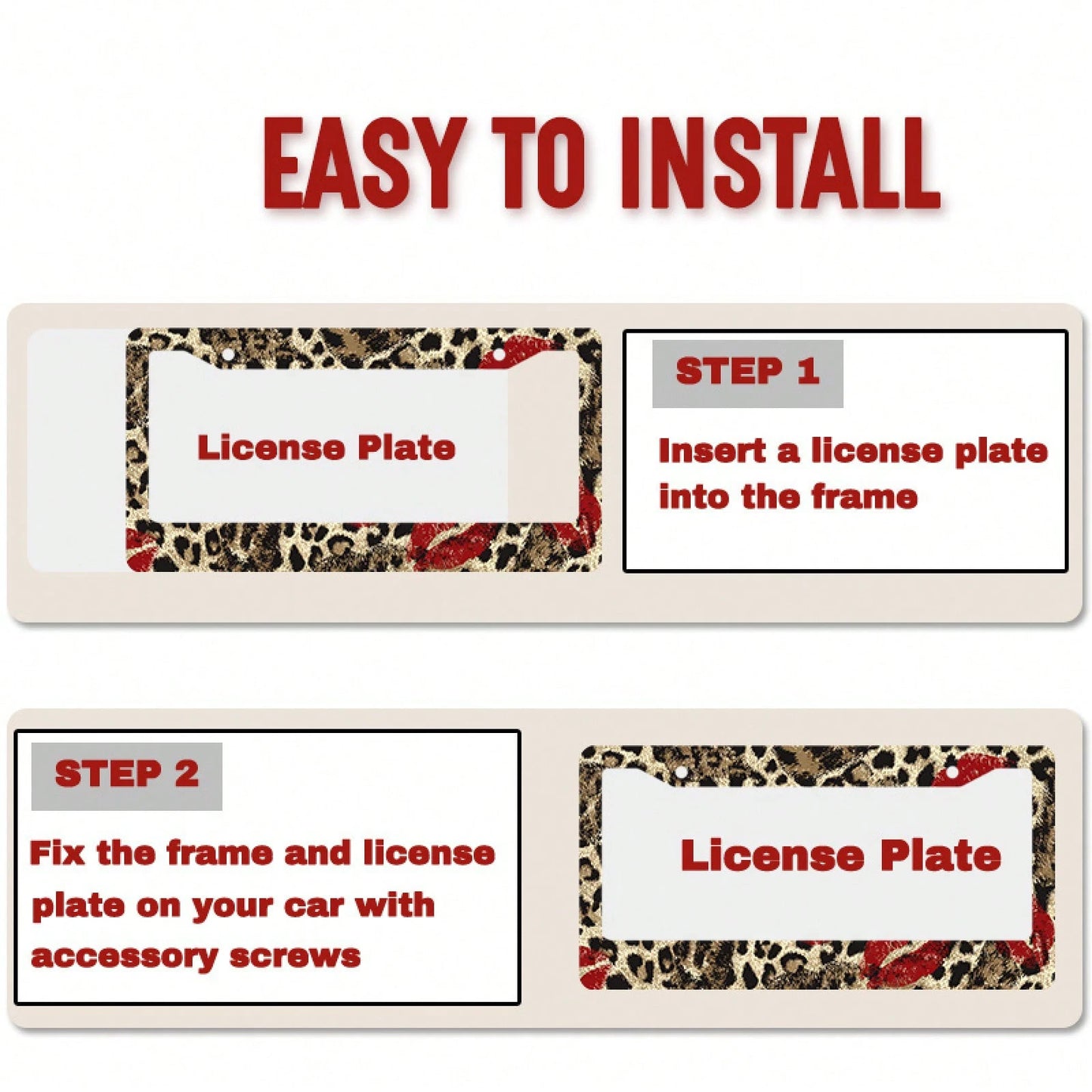 Car License Plate Frame With A Single Metal Frame, Fun Leopard Print Design, Red Lipstick Print, Halloween And Christmas Decoration, Stylish And Personalized License Plate Holder
