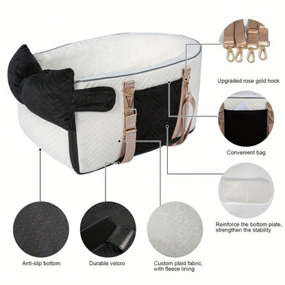 Car Pet Center Console Seat- Car Pet Travel Bag, Surface Easy To Clean Fabric, Interior Plush, Soft Grip Filling, Compatible Front And Rear Seats- Essential For Dogs And Cats Traveling- Suitable Fo
