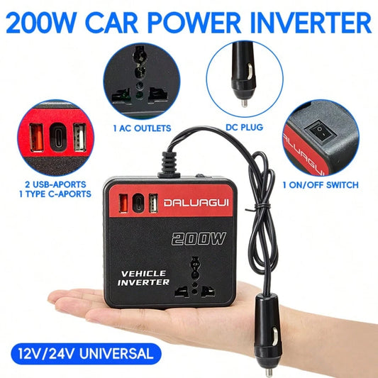 Car Power Inverter DC 12V To 110V 200W LED Digital Display 2 USB 1 Type-C 2 AC Sockets Portable Mobile Phone Tablet Notebook Charger Compatible With Car SUV Truck Travel Essential Outdoor, Car Accesso