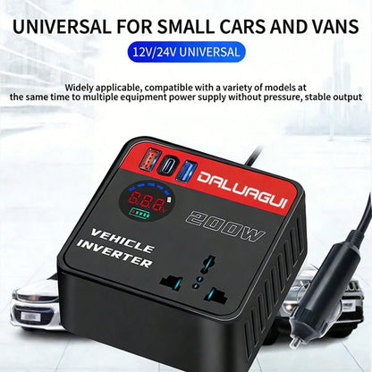 Car Power Inverter DC 12V To 110V 200W LED Digital Display 2 USB 1 Type-C 2 AC Sockets Portable Mobile Phone Tablet Notebook Charger Compatible With Car SUV Truck Travel Essential Outdoor, Car Accesso