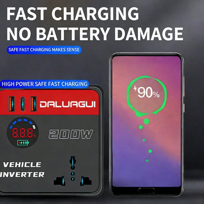 Car Power Inverter DC 12V To 110V 200W LED Digital Display 2 USB 1 Type-C 2 AC Sockets Portable Mobile Phone Tablet Notebook Charger Compatible With Car SUV Truck Travel Essential Outdoor, Car Accesso
