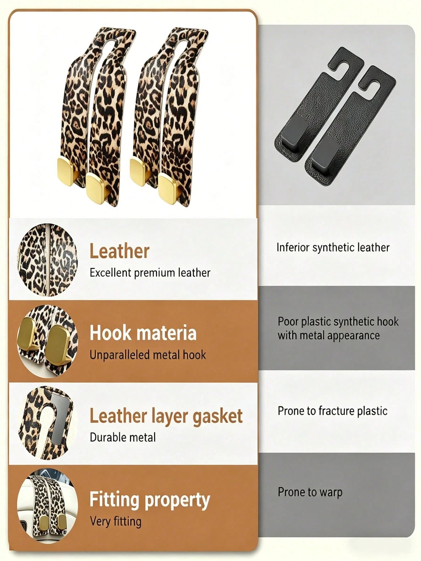 Car Seat Headrest Hooks, Hidden Dual Hooks, Faux Leather And Zinc Alloy Material, Heavy Duty ABS Hooks, Suitable For Car Back Seat Storage, Handbags, Shopping Bags And Wallets