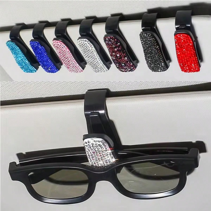 Car Sun Visor Mount Fashion Glasses Clip Holder Rhinestone Bracket Portable Fashion Glasses Crystal Clip Decoration Accessories