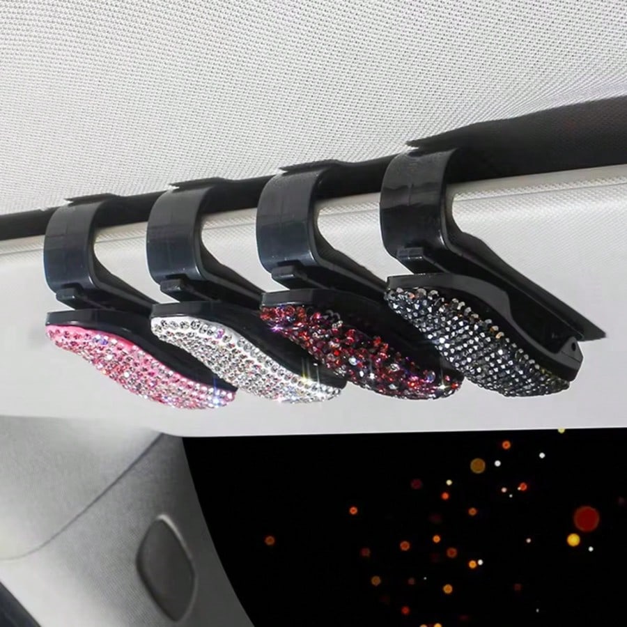 Car Sun Visor Mount Fashion Glasses Clip Holder Rhinestone Bracket Portable Fashion Glasses Crystal Clip Decoration Accessories