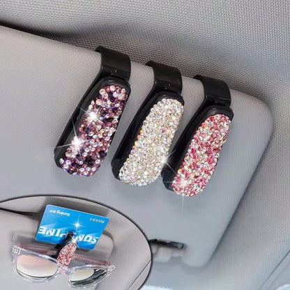 Car Sun Visor Mount Fashion Glasses Clip Holder Rhinestone Bracket Portable Fashion Glasses Crystal Clip Decoration Accessories
