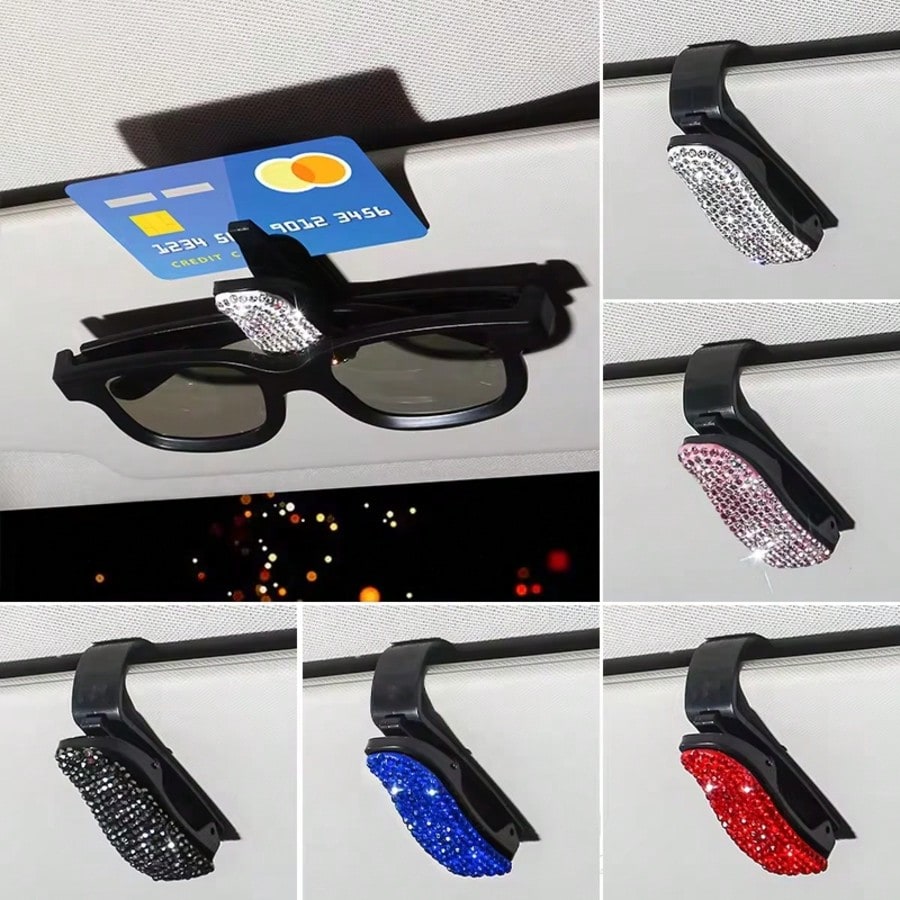Car Sun Visor Mount Fashion Glasses Clip Holder Rhinestone Bracket Portable Fashion Glasses Crystal Clip Decoration Accessories
