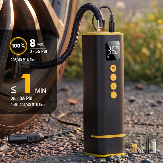 CARSUN Carson Mini Tire Inflator, Portable Air Compressor Pump, 150 PSI, 4 Preset Tire Pressure Modes, Auto Shut-Off, LED Light, Bottom Storage Box (1 Fuse, 3 Adapter Tips), Suitable For Cars, Motorcy
