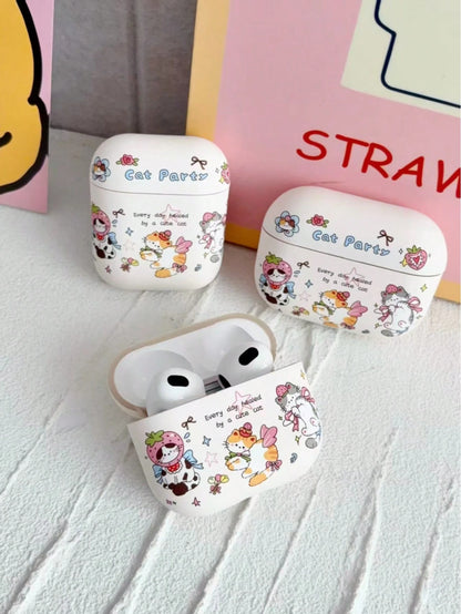 Cartoon Cat Party Earphone Protective Case, Cute Strawberry Kitten Bow Print Hard Shell, Sweet Girly Wireless Earbuds Cover, Travel Airport Accessory Compatible With AirPods4 1,2,3,4,Pro,Pro2,Pro3