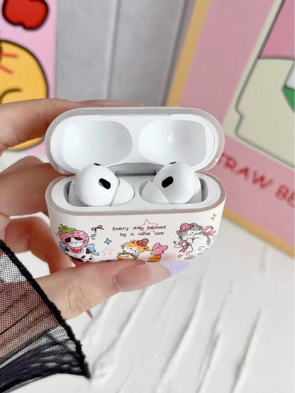 Cartoon Cat Party Earphone Protective Case, Cute Strawberry Kitten Bow Print Hard Shell, Sweet Girly Wireless Earbuds Cover, Travel Airport Accessory Compatible With AirPods4 1,2,3,4,Pro,Pro2,Pro3