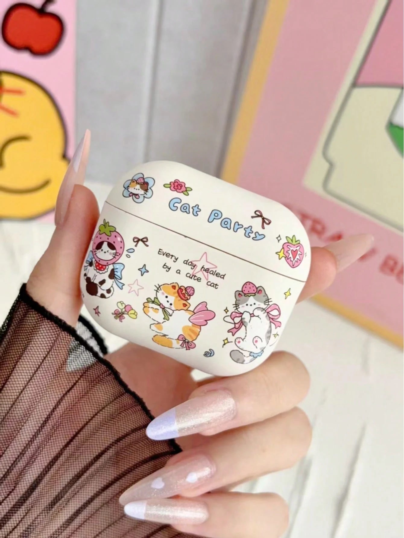 Cartoon Cat Party Earphone Protective Case, Cute Strawberry Kitten Bow Print Hard Shell, Sweet Girly Wireless Earbuds Cover, Travel Airport Accessory Compatible With AirPods4 1,2,3,4,Pro,Pro2,Pro3