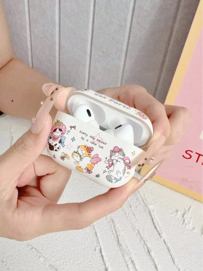 Cartoon Cat Party Earphone Protective Case, Cute Strawberry Kitten Bow Print Hard Shell, Sweet Girly Wireless Earbuds Cover, Travel Airport Accessory Compatible With AirPods4 1,2,3,4,Pro,Pro2,Pro3