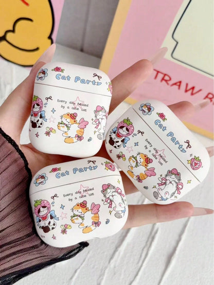 Cartoon Cat Party Earphone Protective Case, Cute Strawberry Kitten Bow Print Hard Shell, Sweet Girly Wireless Earbuds Cover, Travel Airport Accessory Compatible With AirPods4 1,2,3,4,Pro,Pro2,Pro3