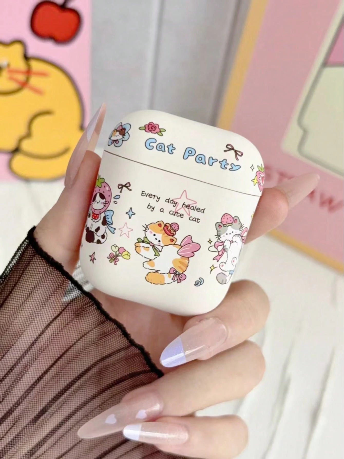 Cartoon Cat Party Earphone Protective Case, Cute Strawberry Kitten Bow Print Hard Shell, Sweet Girly Wireless Earbuds Cover, Travel Airport Accessory Compatible With AirPods4 1,2,3,4,Pro,Pro2,Pro3