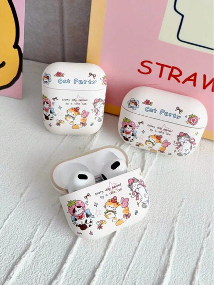 Cartoon Cat Party Earphone Protective Case, Cute Strawberry Kitten Bow Print Hard Shell, Sweet Girly Wireless Earbuds Cover, Travel Airport Accessory Compatible With AirPods4 1,2,3,4,Pro,Pro2,Pro3