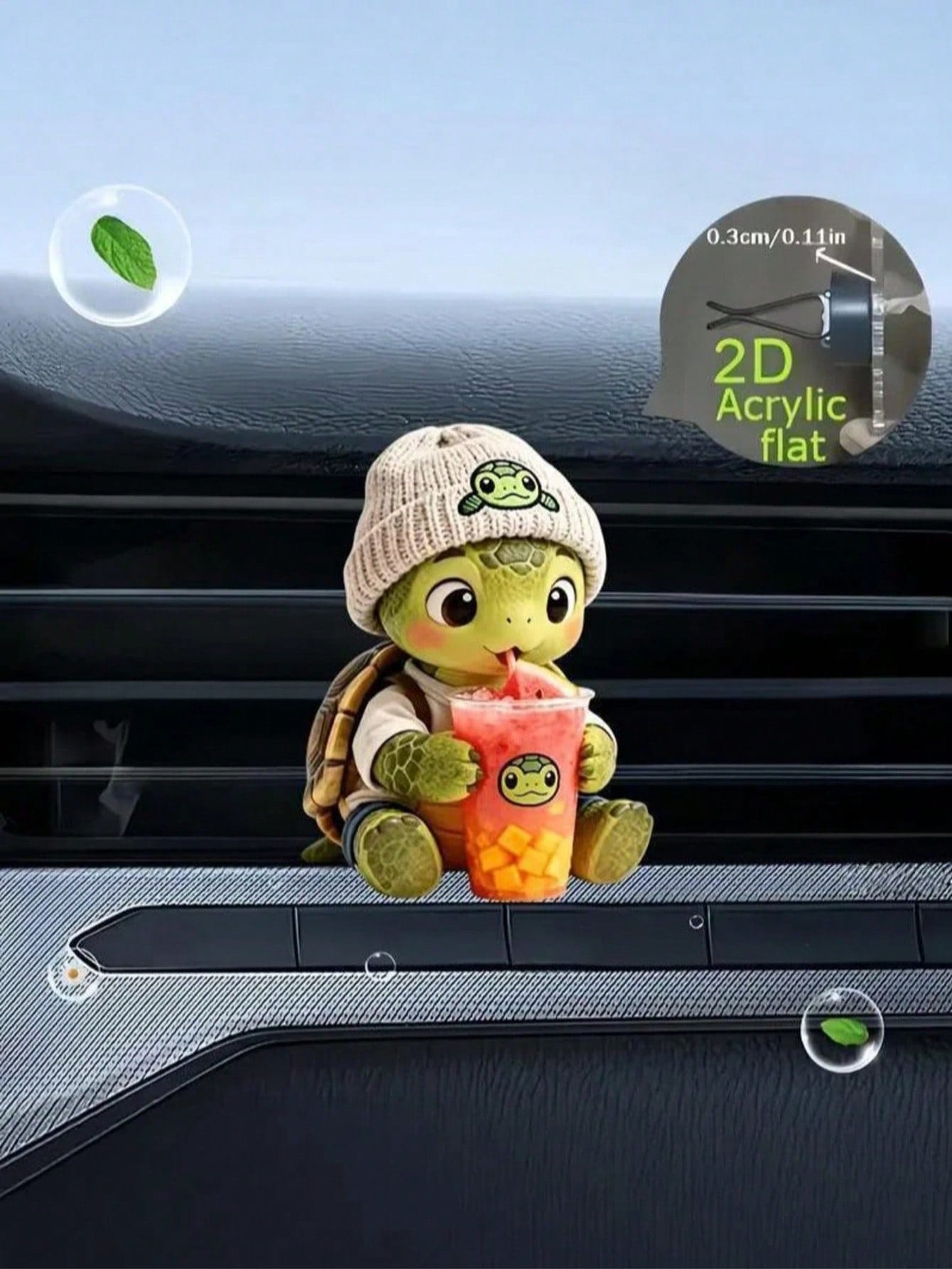 Cartoon Turtle Drinking Milk Tea Car Air Vent Fragrance Clip, 2D Flat Acrylic Car Air Conditioner Decor, DIY Customizable Scented Sponge Core, Slim Non-Blocking Design, Easy Installation Universal Car
