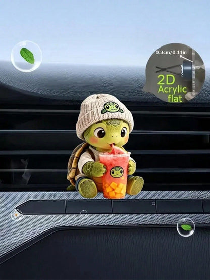 Cartoon Turtle Drinking Milk Tea Car Air Vent Fragrance Clip, 2D Flat Acrylic Car Air Conditioner Decor, DIY Customizable Scented Sponge Core, Slim Non-Blocking Design, Easy Installation Universal Car