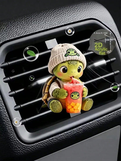 Cartoon Turtle Drinking Milk Tea Car Air Vent Fragrance Clip, 2D Flat Acrylic Car Air Conditioner Decor, DIY Customizable Scented Sponge Core, Slim Non-Blocking Design, Easy Installation Universal Car