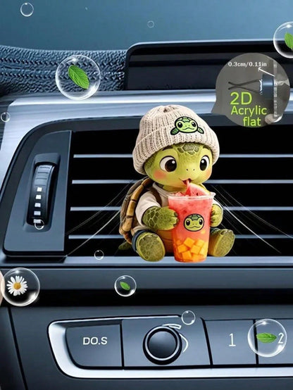 Cartoon Turtle Drinking Milk Tea Car Air Vent Fragrance Clip, 2D Flat Acrylic Car Air Conditioner Decor, DIY Customizable Scented Sponge Core, Slim Non-Blocking Design, Easy Installation Universal Car