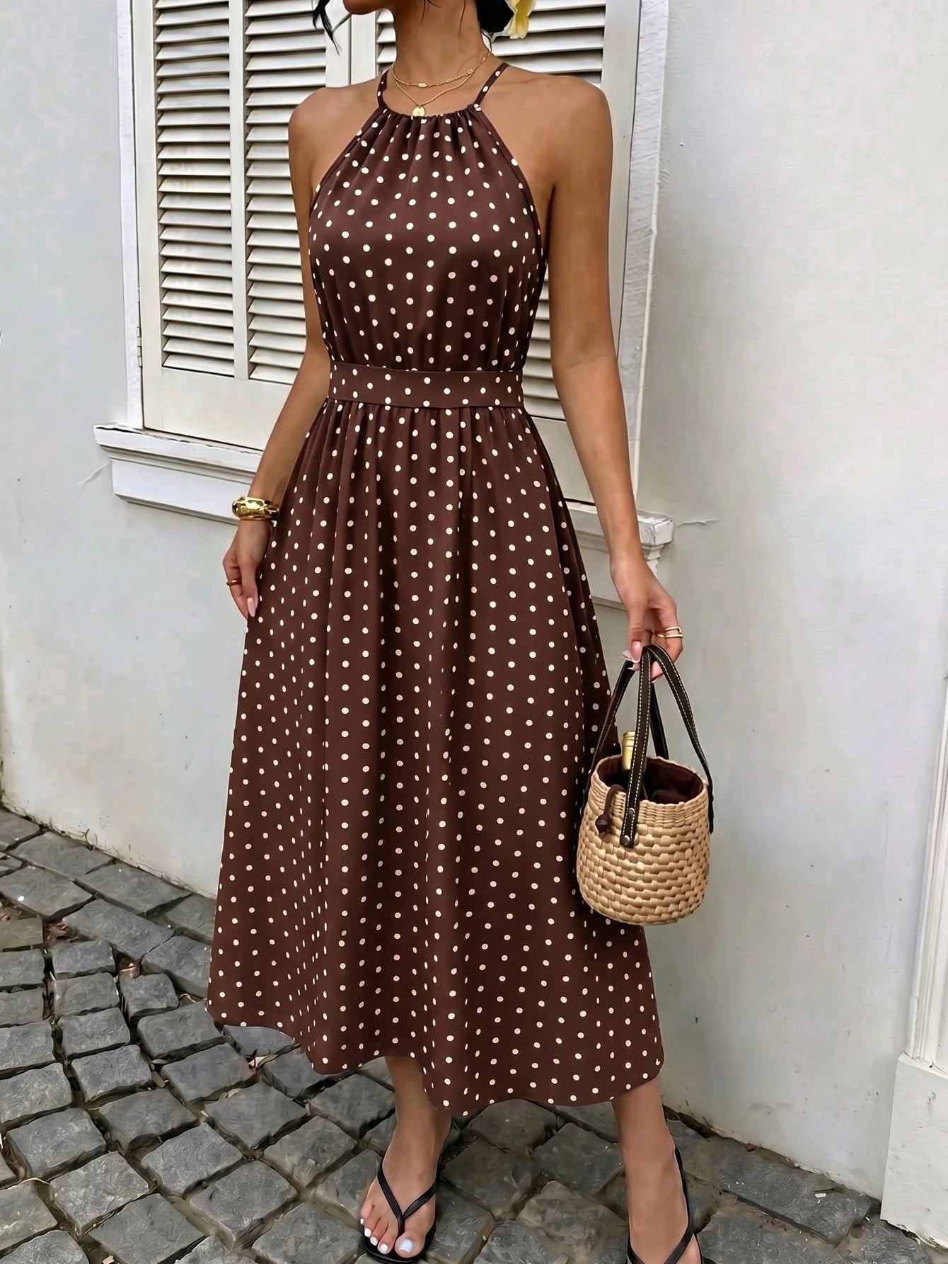 Casual Elegant Women's Fashion Polka Dot Dress, Loose Comfortable Polka Dot Dress For Formal Evening, Beach, Night Date, Vacation, Birthday Party, Date, Spring, Summer, Autumn, Chic & Elegant, French