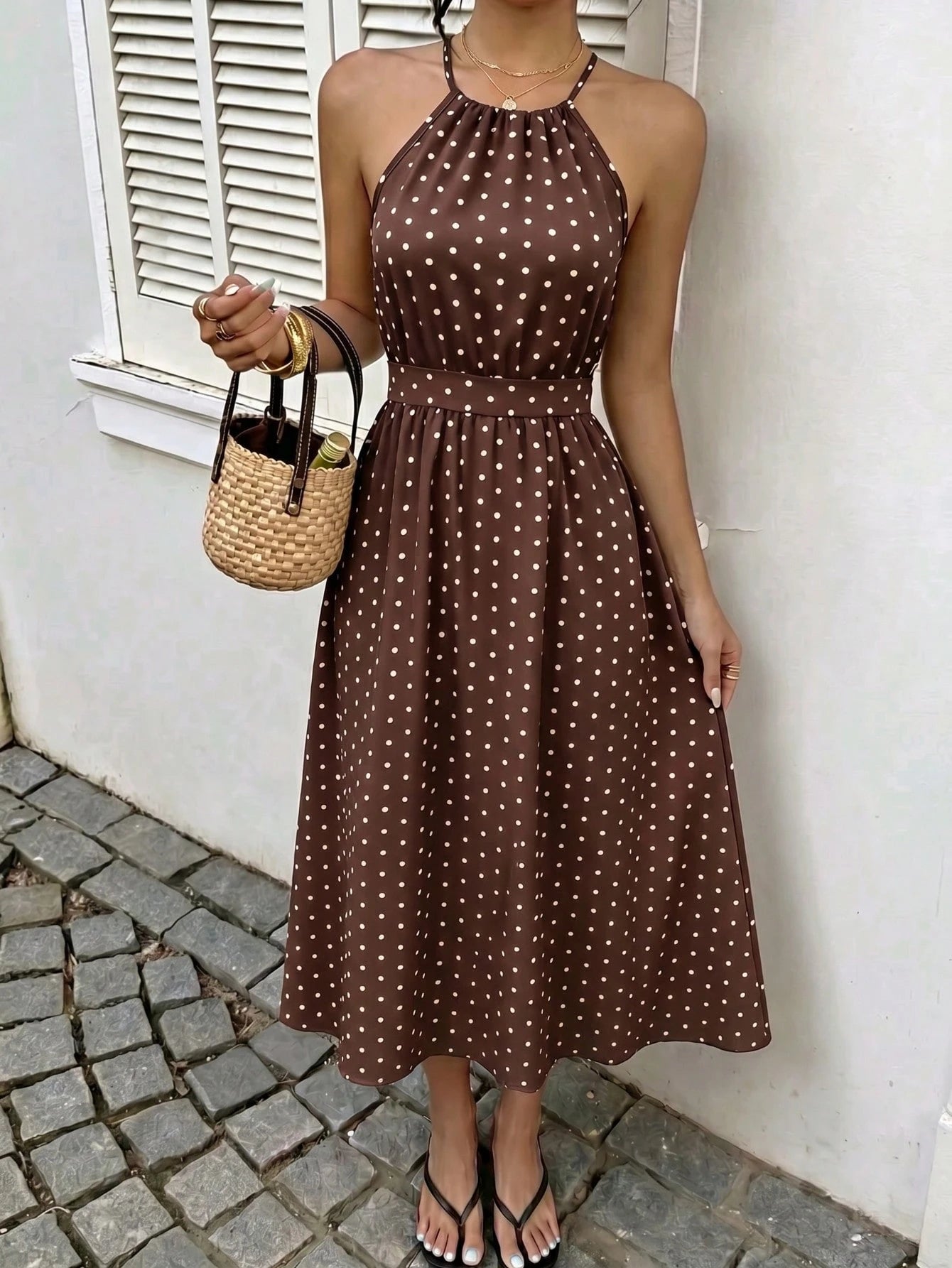 Casual Elegant Women's Fashion Polka Dot Dress, Loose Comfortable Polka Dot Dress For Formal Evening, Beach, Night Date, Vacation, Birthday Party, Date, Spring, Summer, Autumn, Chic & Elegant, French