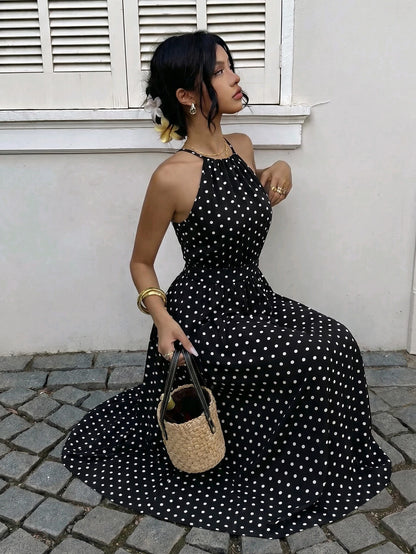 Casual Elegant Women's Fashion Polka Dot Dress, Loose Comfortable Polka Dot Dress For Formal Evening, Beach, Night Date, Vacation, Birthday Party, Date, Spring, Summer, Autumn, Chic & Elegant, French