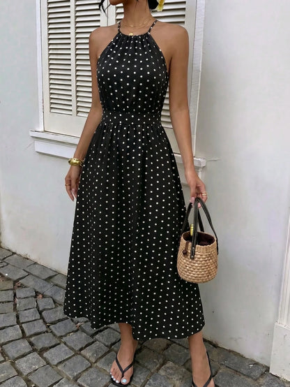 Casual Elegant Women's Fashion Polka Dot Dress, Loose Comfortable Polka Dot Dress For Formal Evening, Beach, Night Date, Vacation, Birthday Party, Date, Spring, Summer, Autumn, Chic & Elegant, French