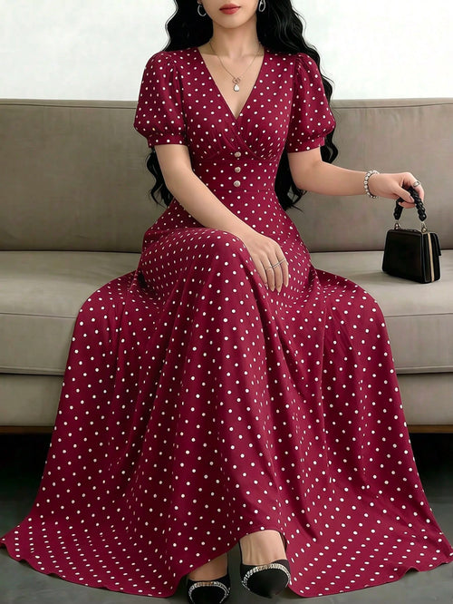Celisse Women's Fashion Versatile Polka Dot Print Criss-Cross Pleated Button Dress