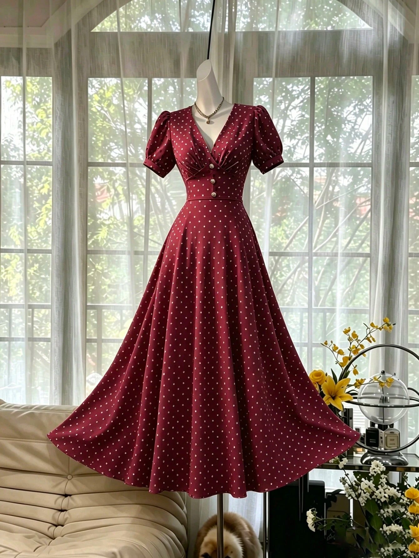 Celisse Women's Fashion Versatile Polka Dot Print Criss-Cross Pleated Button Dress