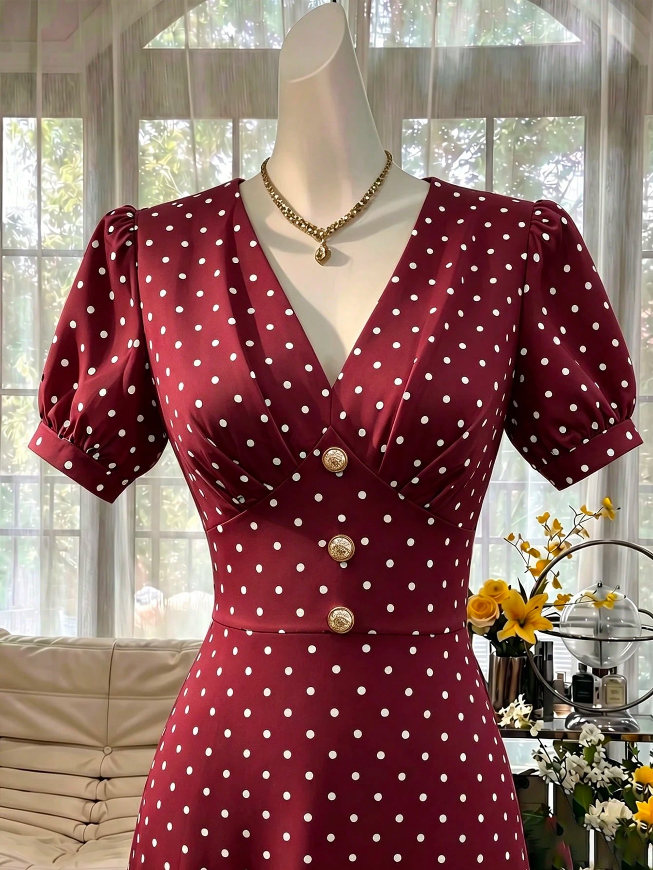 Celisse Women's Fashion Versatile Polka Dot Print Criss-Cross Pleated Button Dress
