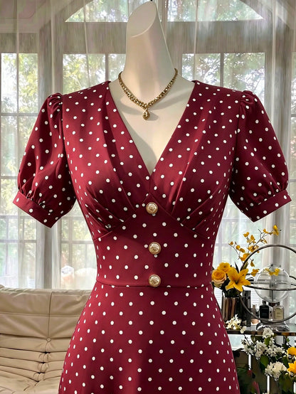 Celisse Women's Fashion Versatile Polka Dot Print Criss-Cross Pleated Button Dress